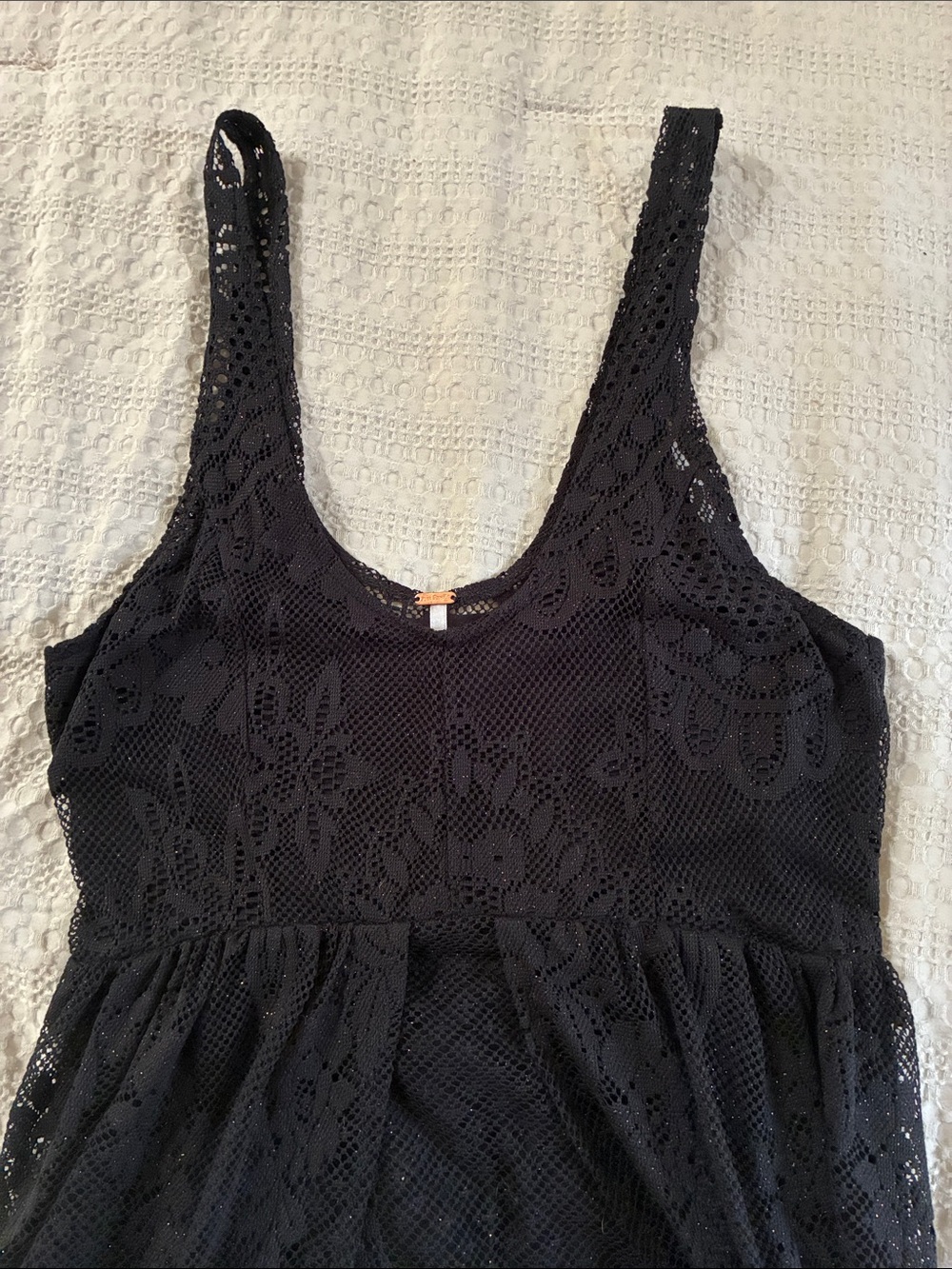 Free People Black Lace Midi Dress with V-Neck and Scalloped Hem